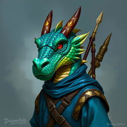 A portrait of a Dragonborn character from "Dungeons & Dragons," featuring a majestic dragon face, without a tail or wings, and adorned with brilliant topaz-colored scales