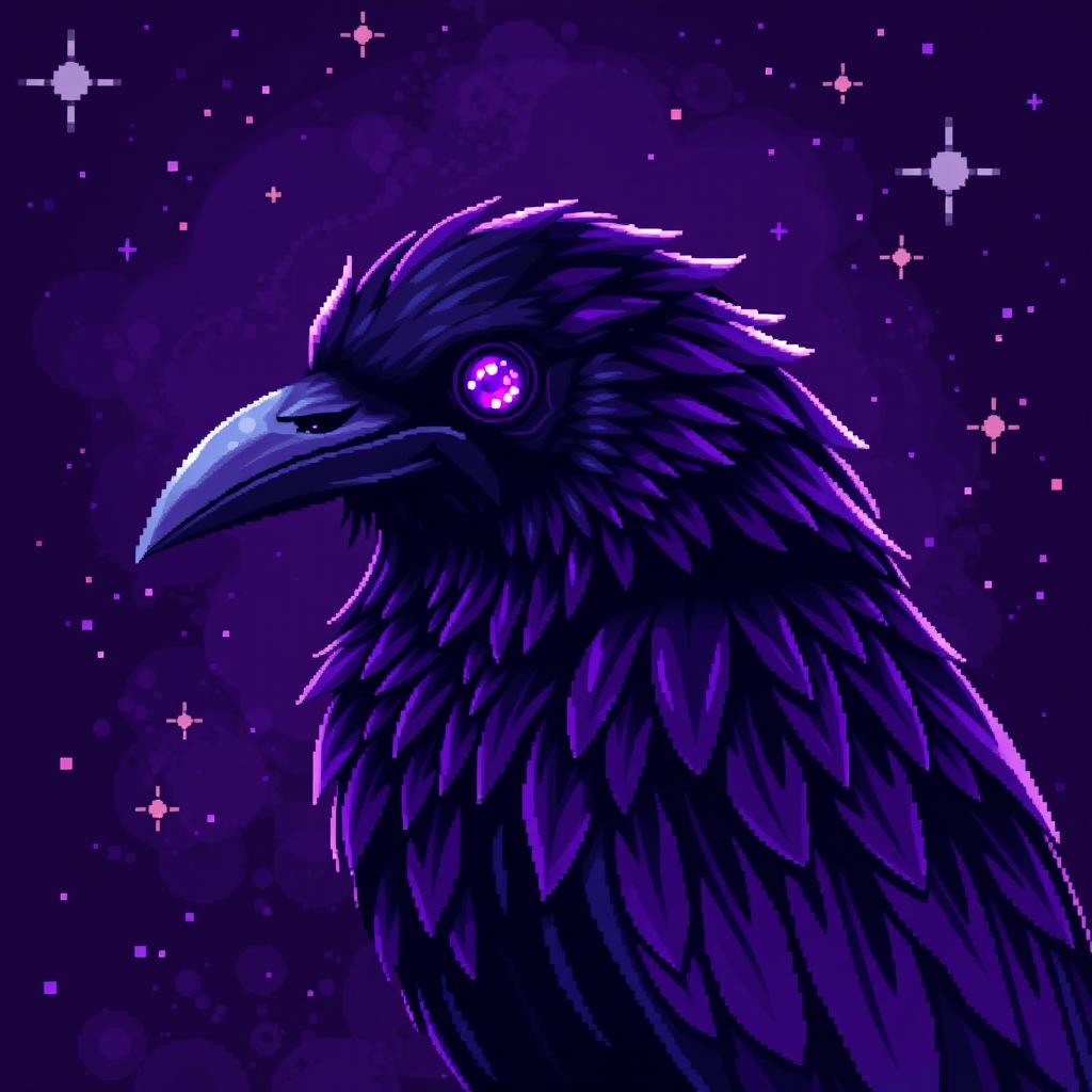 a crow with a mystical presence, its side profile filling the entire image in pixel art design