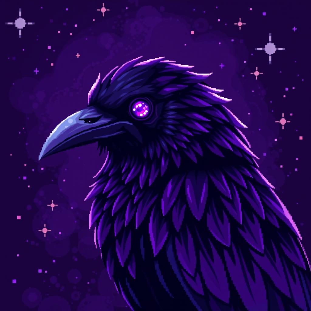 a crow with a mystical presence, its side profile filling the entire image in pixel art design