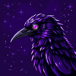 a crow with a mystical presence, its side profile filling the entire image in pixel art design