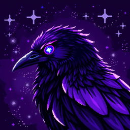 a crow with a mystical presence, its side profile filling the entire image in pixel art design