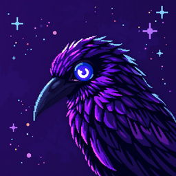 a crow with a mystical presence, its side profile filling the entire image in pixel art design