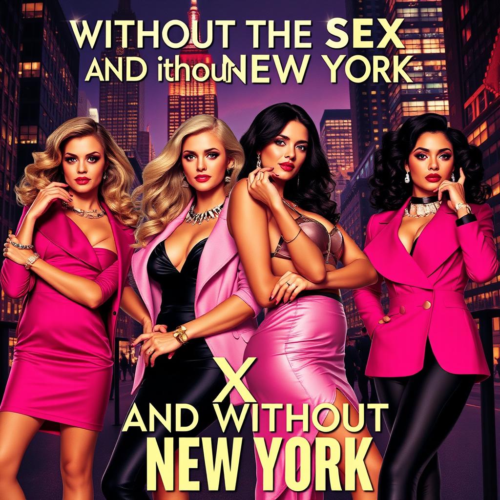 a movie poster inspired by the style of Sex and the City, featuring four elegant and fashionable women, posing confidently in a vibrant metropolis setting