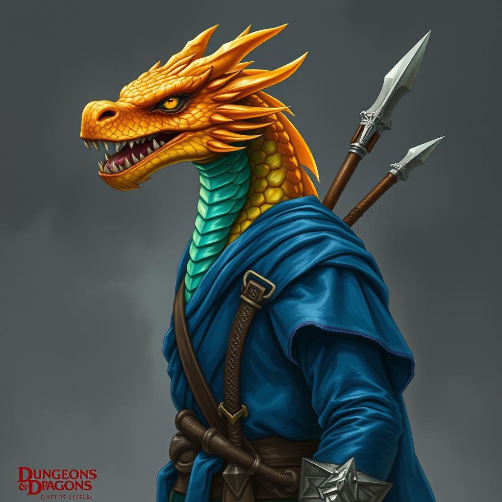 A dragonborn character from "Dungeons & Dragons," reminiscent of a classic D&D depiction, featuring a noble dragon face, without a tail or wings, adorned with radiant topaz-colored scales