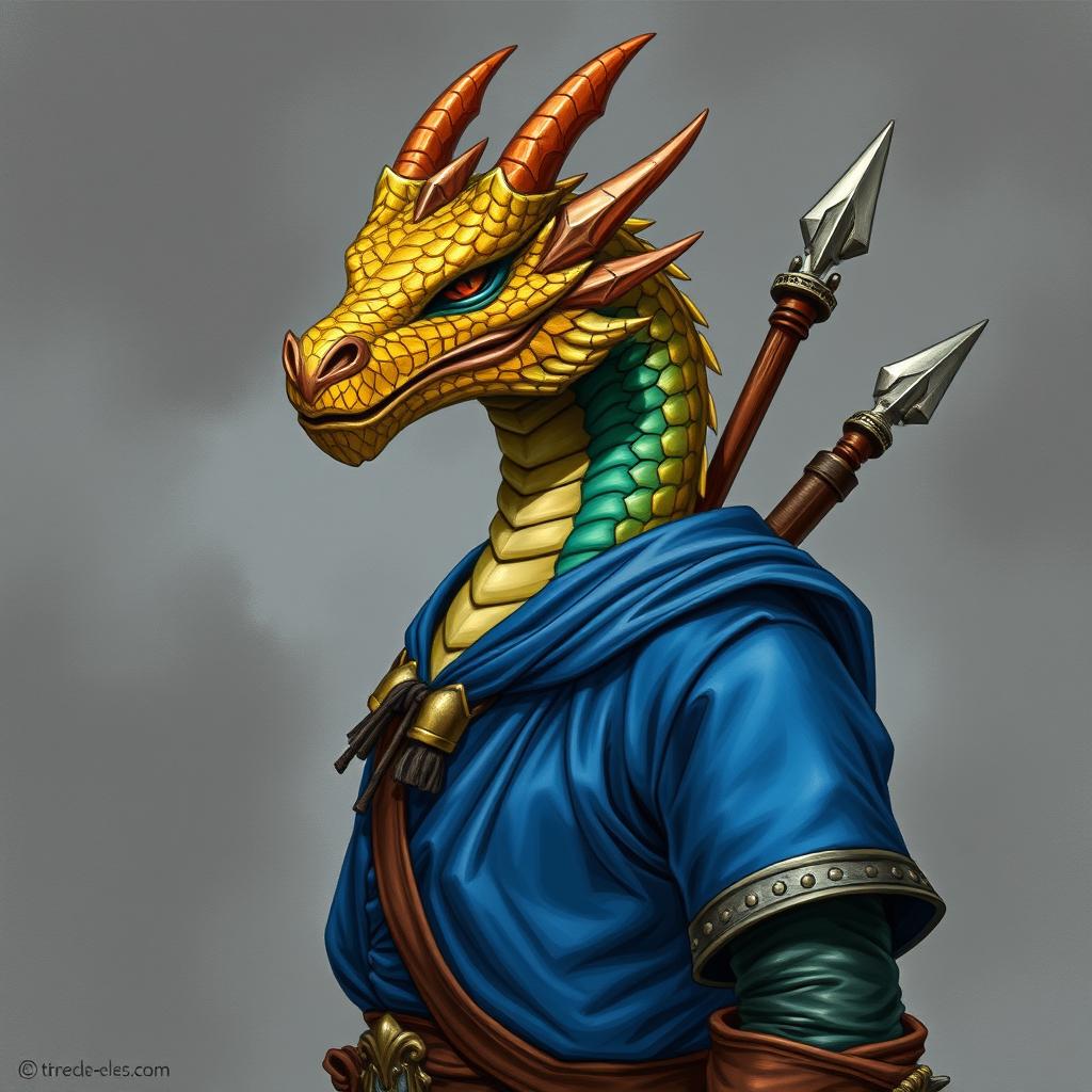 A dragonborn character from "Dungeons & Dragons," reminiscent of a classic D&D depiction, featuring a noble dragon face, without a tail or wings, adorned with radiant topaz-colored scales