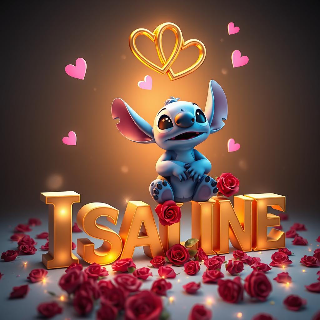 A captivating and visually stunning 3D render of Disney's Stitch character, sitting gracefully on the name "ISALINE" in beautiful golden 3D letters adorned with roses