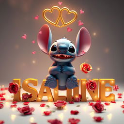 A captivating and visually stunning 3D render of Disney's Stitch character, sitting gracefully on the name "ISALINE" in beautiful golden 3D letters adorned with roses