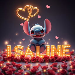 A captivating and visually stunning 3D render of Disney's Stitch character, sitting gracefully on the name "ISALINE" in beautiful golden 3D letters adorned with roses