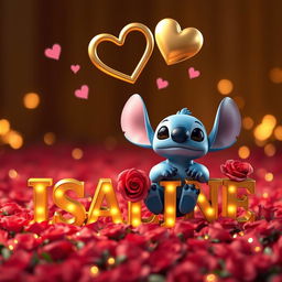 A captivating and visually stunning 3D render of Disney's Stitch character, sitting gracefully on the name "ISALINE" in beautiful golden 3D letters adorned with roses