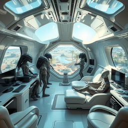 Interior of a spaceship from an alien civilization, showcasing a high-tech design for a unique setting