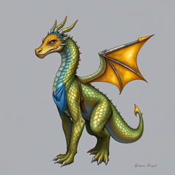 A half-dragon character without a tail or wings, showcasing shimmering topaz-colored scales