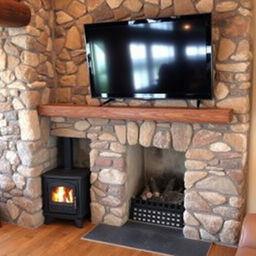 A cozy living room with a rustic design, featuring a stone accent wall that complements a wood-burning stove and a mounted television