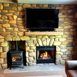 A cozy living room with a rustic design, featuring a stone accent wall that complements a wood-burning stove and a mounted television