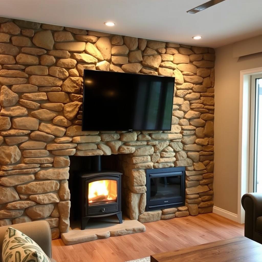 A cozy living room with a rustic design, featuring a stone accent wall that complements a wood-burning stove and a mounted television