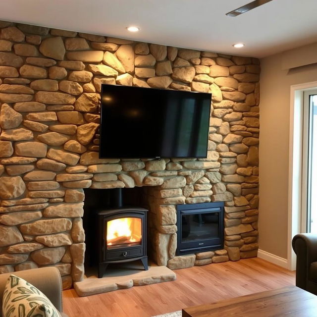 A cozy living room with a rustic design, featuring a stone accent wall that complements a wood-burning stove and a mounted television