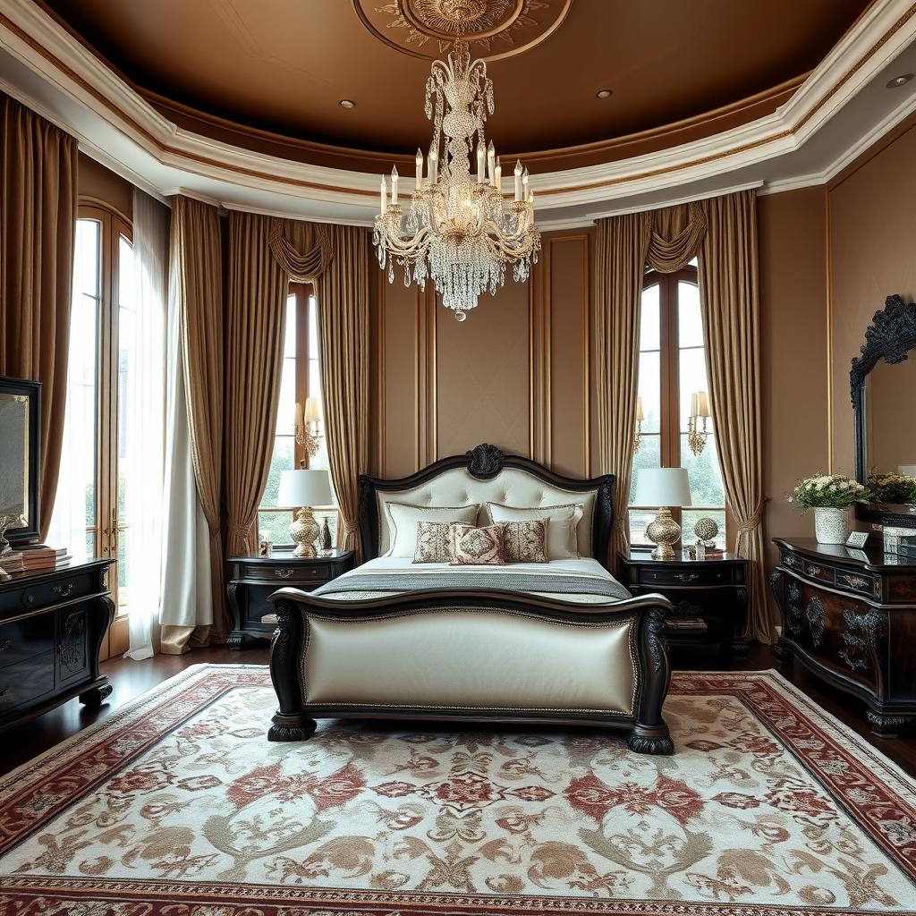 A luxurious and elegant master bedroom with a sophisticated design