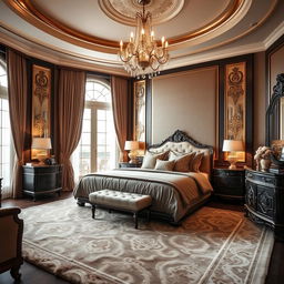 A luxurious and elegant master bedroom with a sophisticated design