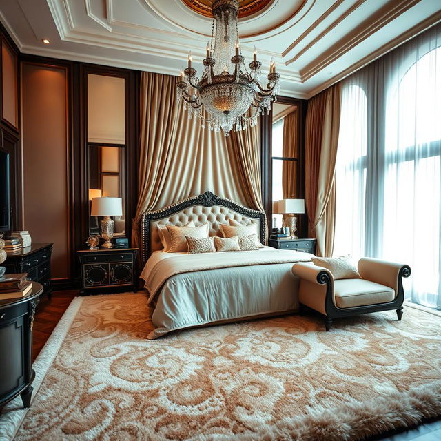 A luxurious and elegant master bedroom with a sophisticated design