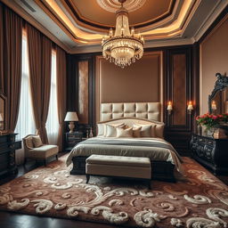 A luxurious and elegant master bedroom with a sophisticated design