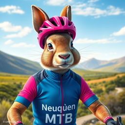 A delightful depiction of a Patagonian mara dressed as a cyclist, wearing a sleek cycling outfit featuring blue and fuchsia pink colors