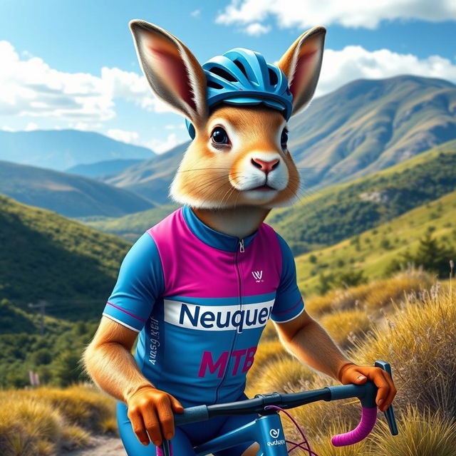 A delightful depiction of a Patagonian mara dressed as a cyclist, wearing a sleek cycling outfit featuring blue and fuchsia pink colors