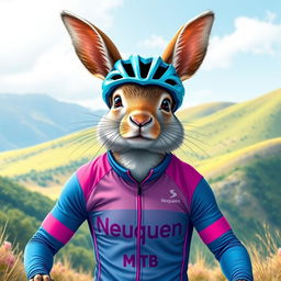 A delightful depiction of a Patagonian mara dressed as a cyclist, wearing a sleek cycling outfit featuring blue and fuchsia pink colors