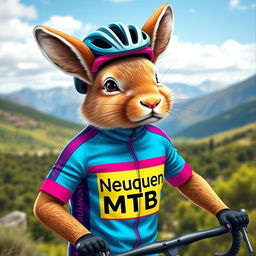 A delightful depiction of a Patagonian mara dressed as a cyclist, wearing a sleek cycling outfit featuring blue and fuchsia pink colors