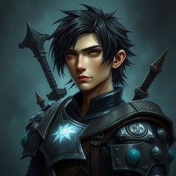 Mystical warrior portrait in a creepy, dark setting with a misty background
