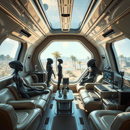 A 16:9 aspect ratio image of the interior of a spaceship from an alien civilization, showcasing a high-tech design for a unique setting