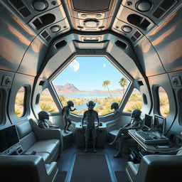 A 16:9 aspect ratio image of the interior of a spaceship from an alien civilization, showcasing a high-tech design for a unique setting