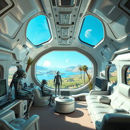 A 16:9 aspect ratio image of the interior of a spaceship from an alien civilization, showcasing a high-tech design for a unique setting