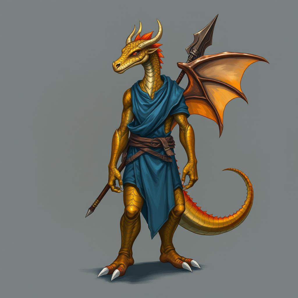 A half dragon humanoid without a tail or wings, featuring topaz-colored scales