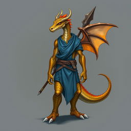 A half dragon humanoid without a tail or wings, featuring topaz-colored scales