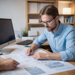 A diligent graphic engineer engrossed in drafting intricate digital designs on a sophisticated computer system, surrounded by blueprints and design books.