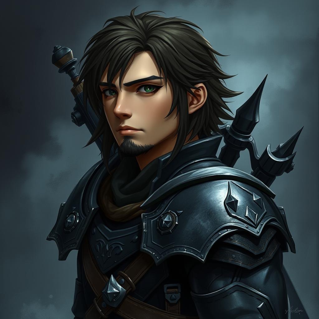Mystical warrior portrait in a creepy, dark setting with a misty background