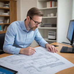 A diligent graphic engineer engrossed in drafting intricate digital designs on a sophisticated computer system, surrounded by blueprints and design books.