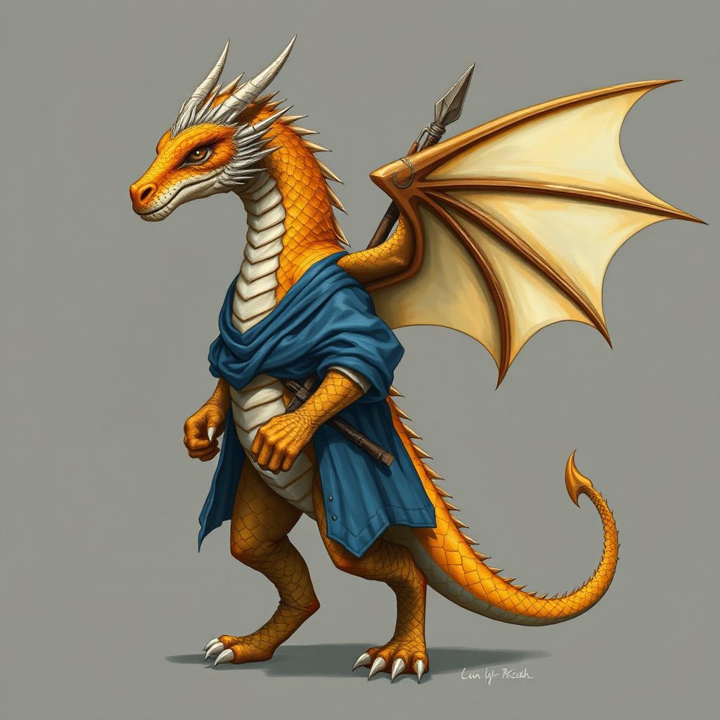 A half dragon humanoid without a tail or wings, featuring topaz-colored scales