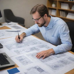 A diligent graphic engineer engrossed in drafting intricate digital designs on a sophisticated computer system, surrounded by blueprints and design books.