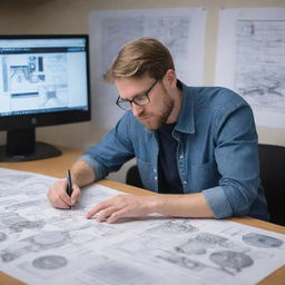 A diligent graphic engineer engrossed in drafting intricate digital designs on a sophisticated computer system, surrounded by blueprints and design books.