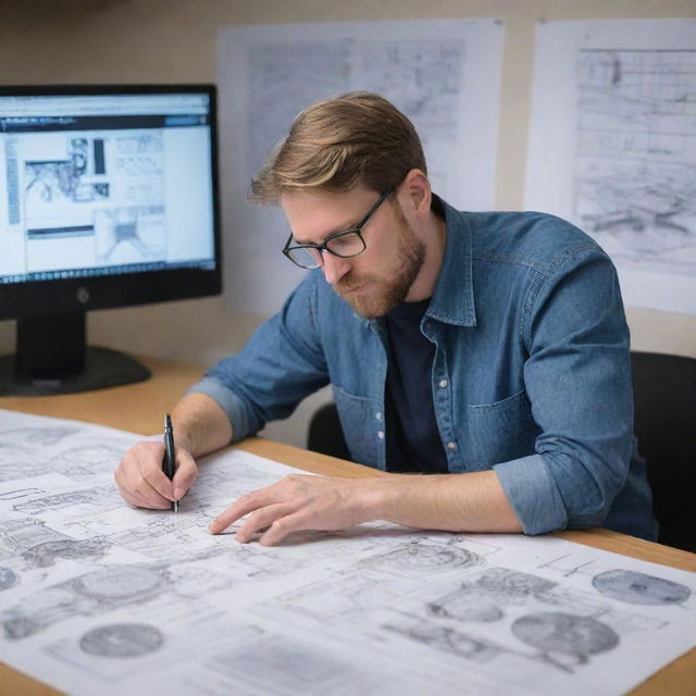 A diligent graphic engineer engrossed in drafting intricate digital designs on a sophisticated computer system, surrounded by blueprints and design books.