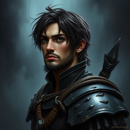 Mystical warrior portrait in a creepy, dark setting with a misty background