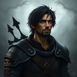 Mystical warrior portrait in a creepy, dark setting with a misty background