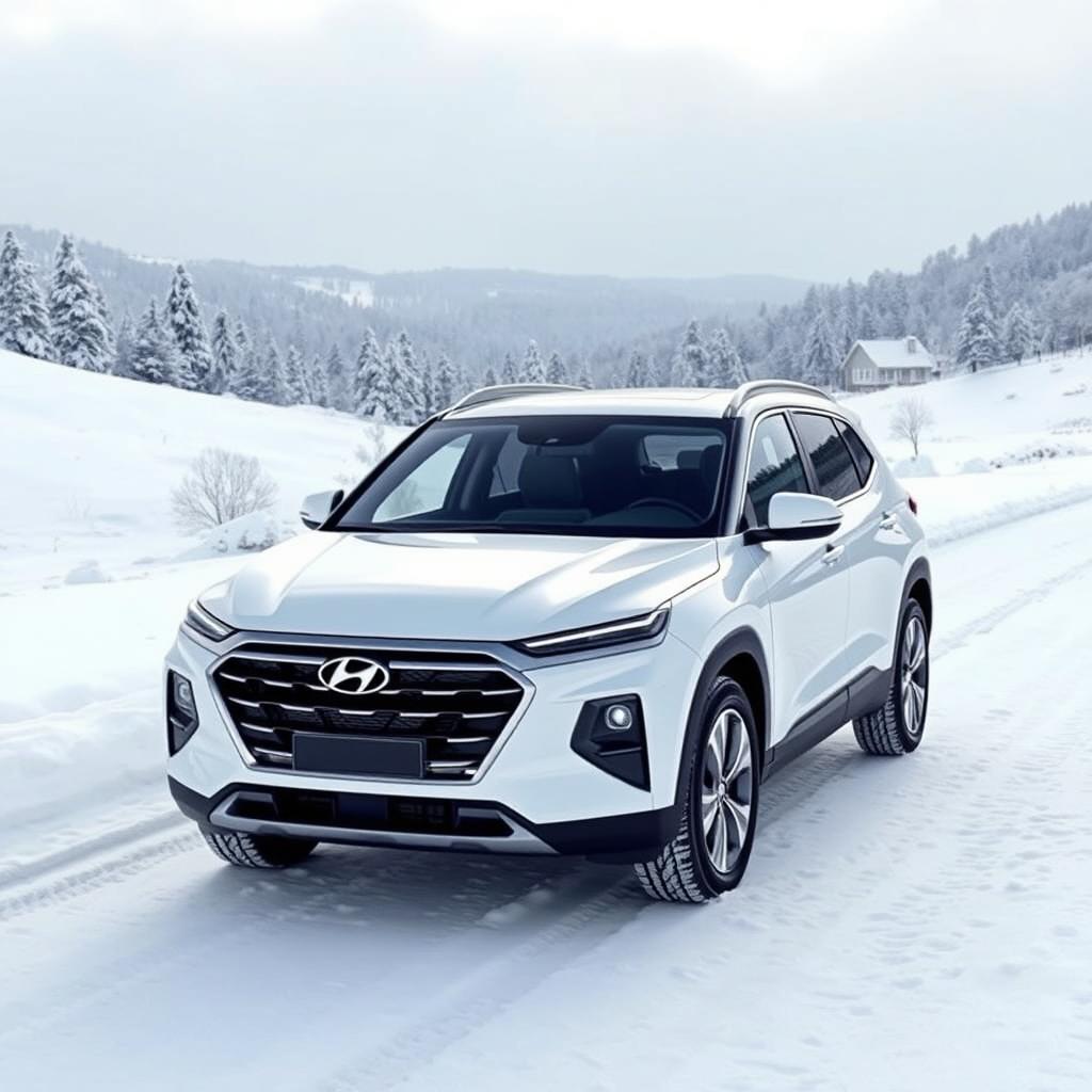 Hyundai Alcazar in crisp white set against a serene snow-covered landscape