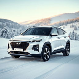 Hyundai Alcazar in crisp white set against a serene snow-covered landscape