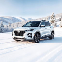 Hyundai Alcazar in crisp white set against a serene snow-covered landscape