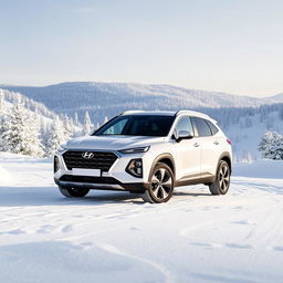 Hyundai Alcazar in crisp white set against a serene snow-covered landscape