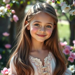 A beautiful girl named Claire with radiant skin and sparkling eyes, captured in a serene outdoor setting with soft natural lighting