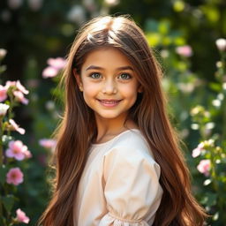 A beautiful girl named Claire with radiant skin and sparkling eyes, captured in a serene outdoor setting with soft natural lighting