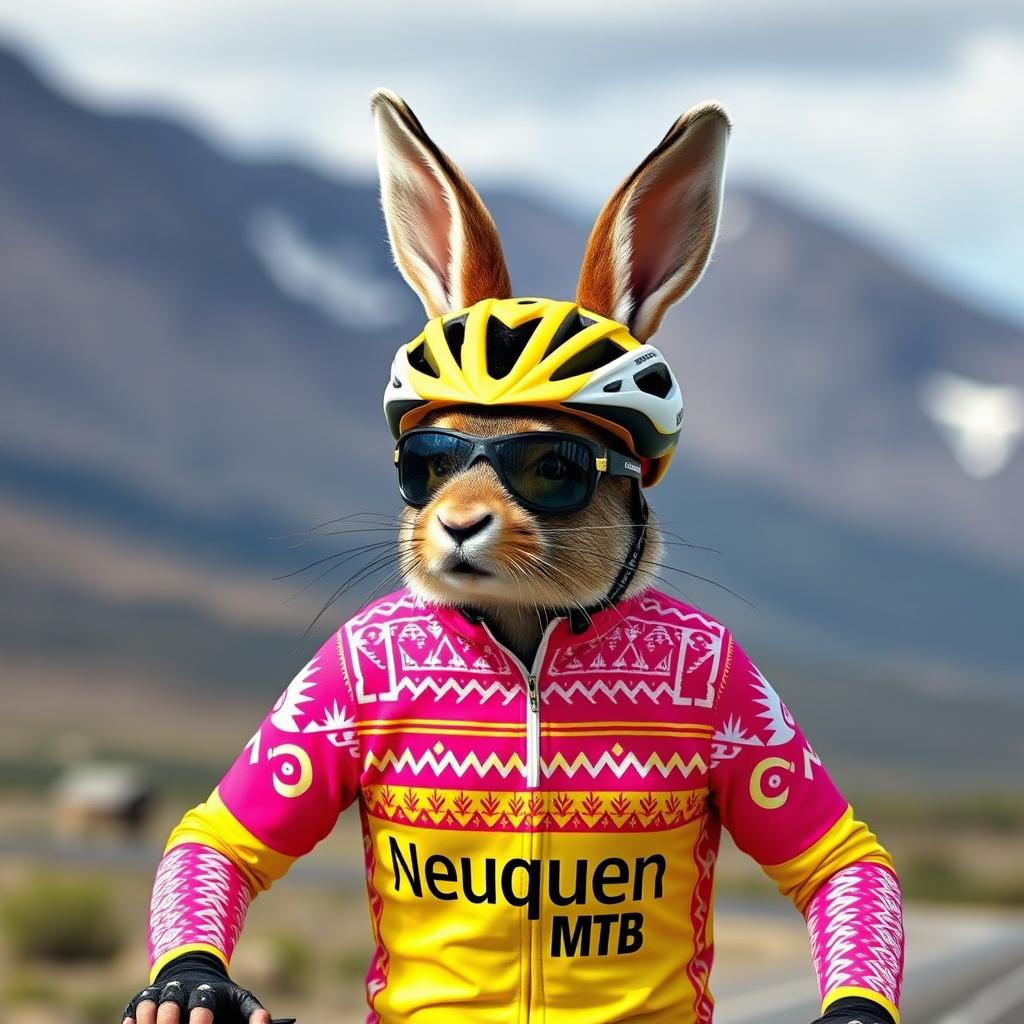 A striking depiction of a Patagonian mara dressed as a cyclist, wearing a vibrant outfit with yellow and fuchsia pink colors