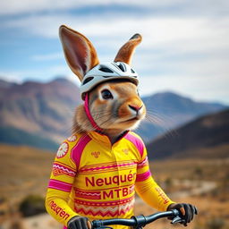 A striking depiction of a Patagonian mara dressed as a cyclist, wearing a vibrant outfit with yellow and fuchsia pink colors